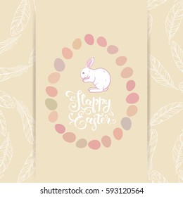 Happy Easter card with lettering, bunny and decorative eggs
