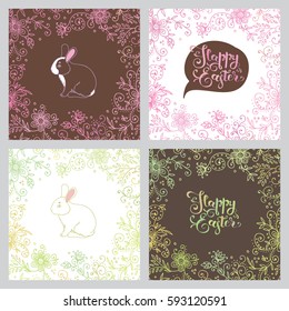 Happy Easter card with lettering, bunny with floral background. Set