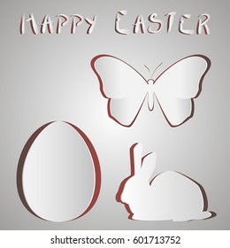 Happy Easter card with lettering by hand. Easter Bunny, Easter eggs, butterflies in the hole on the gray background, paper cut style design vector illustration.
