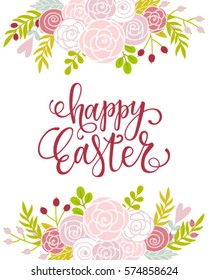 Happy Easter card with a lettering and cartoon flowers.
Vector illustration.
