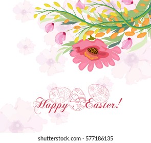 Happy Easter card with a lettering and cartoon flowers
