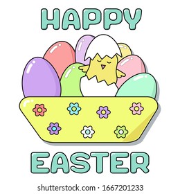 Happy Easter card with lettering. A cute chicken hatched from an egg in a plate of painted eggs. Festive cartoon banner of delicate colors-pink, blue, yellow, green. Square format, vector illustration