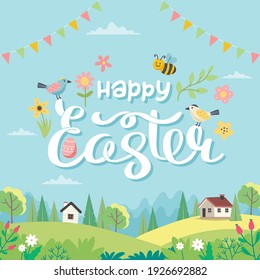 Happy Easter Card With Lettering And Cute Landscape. Hand Drawn Flat Cartoon. Vector Illustration