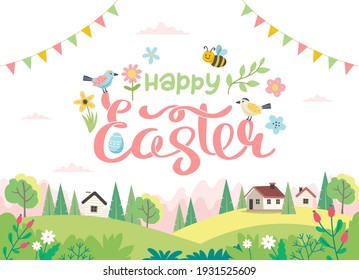 Feliz tarjeta de Pascua con letras y un bonito paisaje. Caricatura plana dibujada a mano. Ilustración del vector