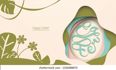 Happy Easter card with lettering egg shape on colorful modern pastel background with plants and flowers. Copy space for text vector illustration with paper cut style. - Vector
