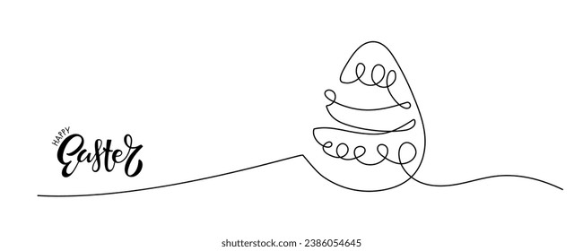Feliz tarjeta de Pascua con letras y huevo de Pascua. Huevo de Pascua de una línea continuo. Dibujo de boceto en blanco y negro Vector, elementos de diseño para tarjetas, banner, invitaciones para vacaciones de Semana Santa.