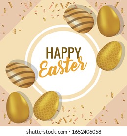 happy easter card with lettering and eggs painted circular frame vector illustration
