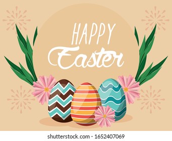 tarjeta de Pascua feliz con letras y huevos pintados ilustración vectorial