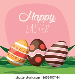 tarjeta de Pascua feliz con letras y huevos pintados en la ilustración vectorial de campo