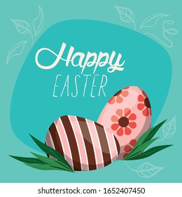tarjeta de Pascua feliz con letras y huevos pintados ilustración vectorial