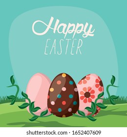 happy easter card with lettering and eggs painted in the field vector illustration