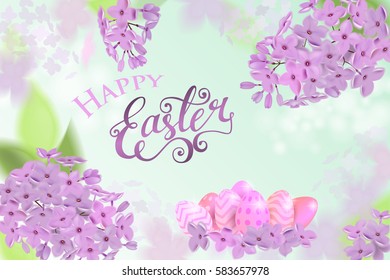 Happy easter card with lettering, eggs, lilac flowers bouquet and doodle branches. Vector EPS10