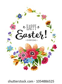 Happy Easter card with lettering and flowers and Easter Eggs. Lettering Happy Easter Everyone in oval flower frame. Vector floral wreath with poppy, forget-me-not, sunflower, butterflower