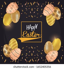 happy easter card with lettering and golden eggs painted vector illustration design