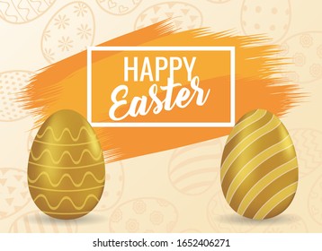 happy easter card with lettering and golden eggs painted vector illustration design