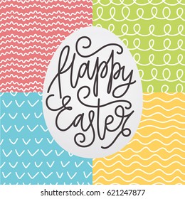 Happy Easter card with a lettering. Hand drawn seamless pattern set for Easter. Scrapbook elements doodle style. Vector illustration. 