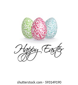 Happy Easter card with a lettering.Isolated realistic Easter eggs. 3D vector eggs with floral pattern.