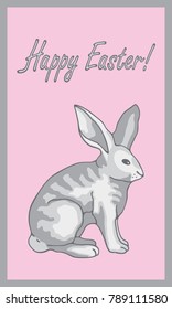 Happy Easter card with lettering on a pale pink background and a stylized  image of a rabbit. Illustration.