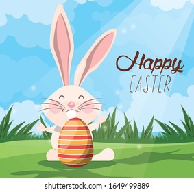 happy easter card with lettering and rabbit vector illustration design