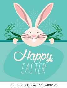 tarjeta de Pascua feliz con letras y diseño de ilustraciones vectoriales de conejo