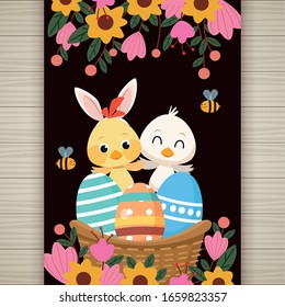 Frohe Osterkarte mit kleiner Vektorillustration für Küken und Enten