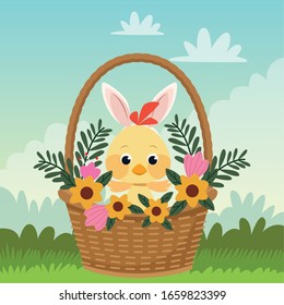 Happy Easter card with little chick and ears rabbit in basket vector illustration