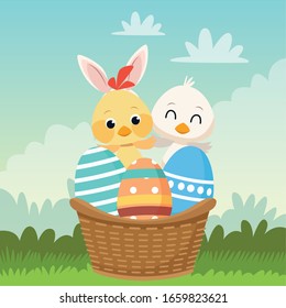 tarjeta de Pascua feliz con pequeño diseño de ilustración vectorial de patos y patos
