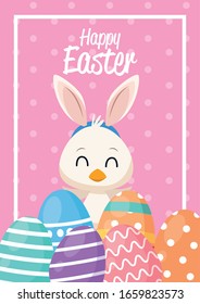 happy easter card with little duck and ears rabbit vector illustration design