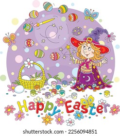 Happy Easter card with a little fairy waving her magic wand, coloring and decorating Easter gift eggs with a flying paintbrush and bright paints, vector cartoon on white