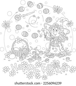 Happy Easter card with a little fairy waving her magic wand, coloring and decorating Easter gift eggs with a flying paintbrush and bright paints, vector cartoon on white