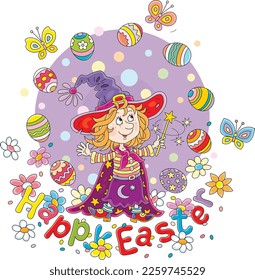 Happy Easter card with a little fairy girl waving her magic wand and showing a trick with decorated gift eggs among colorful flowers and merry butterflies, vector cartoon illustration