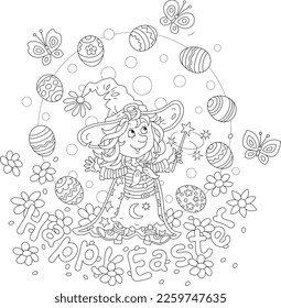 Happy Easter card with a little fairy girl waving her magic wand and showing a funny trick with decorated gift eggs among spring flowers and merry butterflies, vector cartoon