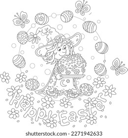 Happy Easter card with a little fairy holding a fancy cake and surrounded by flying decorated gift eggs, flowers and merry butterflies, black and white vector cartoon
