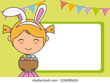 Happy easter card. Little girl dressed as a rabbit with easter eggs