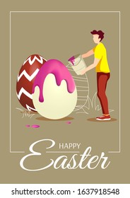 Happy Easter card with man decorating eggs. Vector illustration for greeting card, poster, banner, postcard.