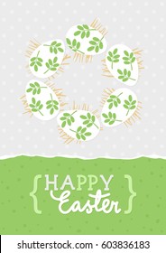 Happy Easter card with messy white eggs with green leaf motif, vector Easter card with egg wreath on light dotted background and wishes in English