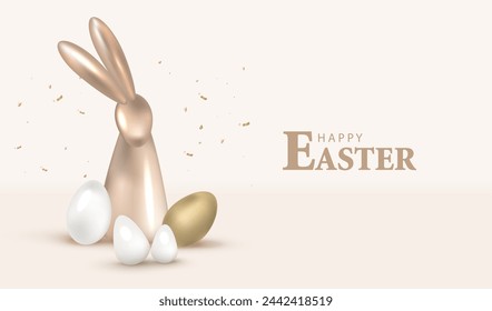 Glückliche Osterkarte mit Metallic-Gold-Eiern und Kaninchen. Banner für Feiertage. Dekor brauner Hase und weißer Eihintergrund. Feiert den festlichen Vektor.
