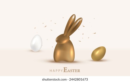 Tarjeta de Pascua feliz con huevos de oro metálico y conejo. Banner de vacaciones con conejito de chocolate dulce. Conejito marrón y fondo de huevo blanco. Celebra el vector festivo.	
