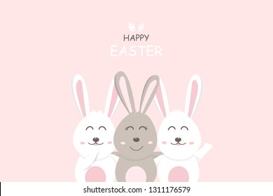 Happy Easter card, minimal decoration pastel, rabbit and friend cute cartoon character greeting poster invitation vector illustration