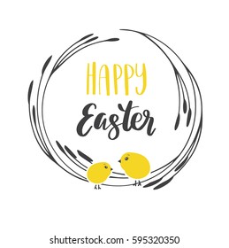 Happy Easter card with modern calligraphy, holiday poster. Typography design. Vector illustration