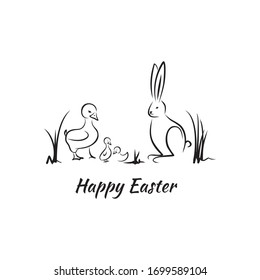 Happy Easter card with mom duck and little duck and rabbit