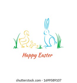 Happy Easter card with mom duck and little duck and rabbit
