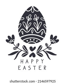 Happy Easter card. Monochrome vector illustration with Easter egg, flowers wreath and inscription. Folk scandinavian style.
