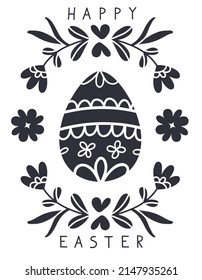 Happy Easter card. Monochrome vector illustration with Easter egg, flowers wreath and inscription. Folk scandinavian style.