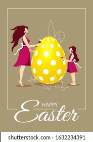 Happy Easter card with mother and daughter decorating egg. Vector illustration for greeting card, poster, banner, postcard.