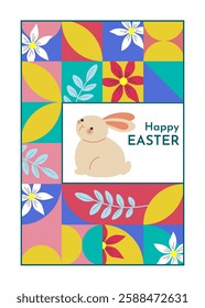 Happy Easter card. Multicolored and festive template. Trendy design with abstract geometric shapes, cute bunny and flowers