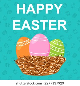 Happy Easter card with nest with eggs on blue pattern of eggs