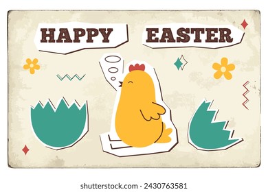 Happy easter card in new nostalgia style. Minimal card designs in retro style, vector illustration template. Old postcard.