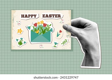 Feliz tarjeta de Pascua en nuevo estilo nostalgia. Estilo retro. estilo de los años 90. Tarjeta de felicitación de mano, plantilla de ilustración vectorial.