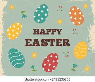 Happy easter card in new nostalgia style. Minimal card designs in retro style, vector illustration template. Old postcard.